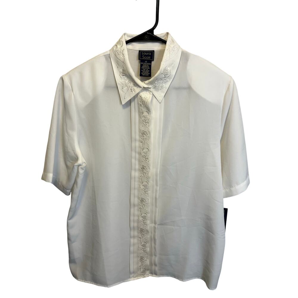 Laura Scott White Collared Vintage Sheer Dainty Floral Romantic Blouse Size L 12